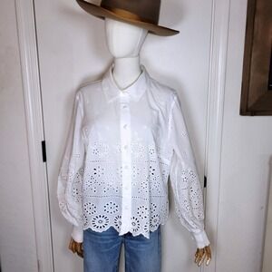 Cabi White Eyelet Cotton Blouse Large Romantic Button Up Coastal Chic Top